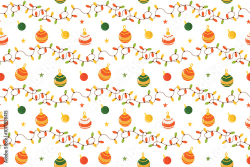 Christmas garland and toys seamless pattern. Pattern with colorful garland and balls. Ideal for Christmas holidays cards, posters, banners and other graphic and web design