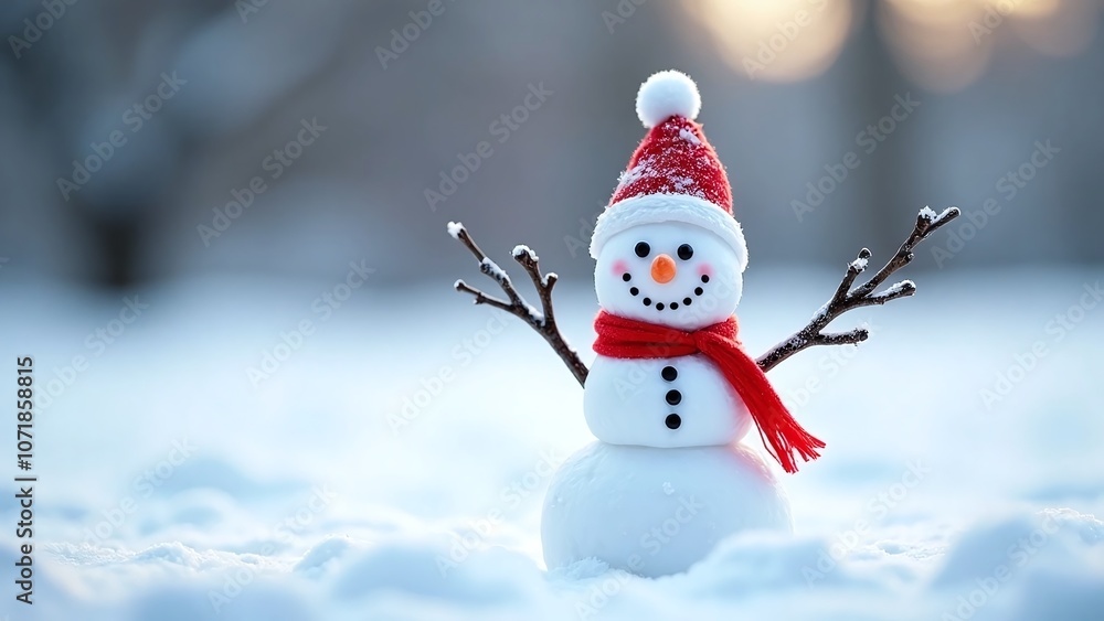 Fototapeta premium Serene wintry scene with small snowman scene, scene-cheerful and snowman-cute