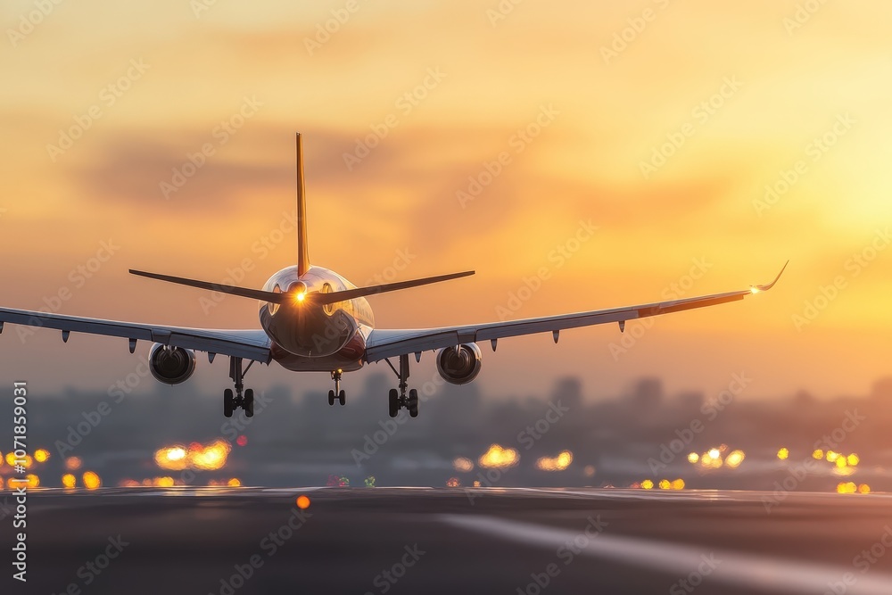 Majestic Sunset Landing: Airplane descends, bathed in golden hour light, runway awaits. Majestic Sunset Landing: Airplane descends, bathed in golden hour light, runway awaits.