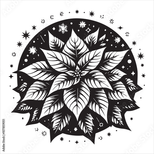 Striking Black and White Poinsettia for Holiday Designs. A bold, graphic illustration of a poinsettia flower surrounded by snowflakes and stars.