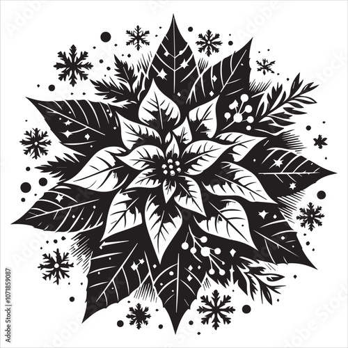 Striking Black and White Poinsettia for Holiday Designs. A bold, graphic illustration of a poinsettia flower surrounded by snowflakes and stars.