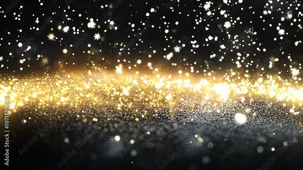 Golden glitter sparkles on a black background with falling snowflakes. Golden glitter sparkles on a black background with falling snowflakes.