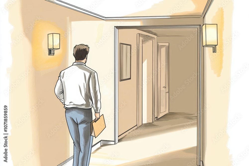 Fototapeta premium Man Walking in Hallway with Cartoon Style Lighting
