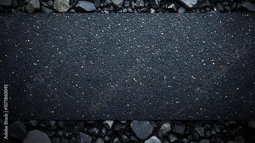 Dark Grey Gravel and a Smooth Black Asphalt Background with Scattered Pebbles