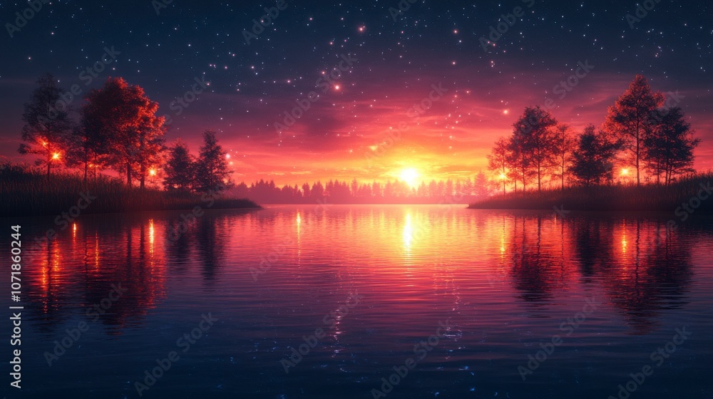 Fototapeta premium Serene Lake Sunset at Night
