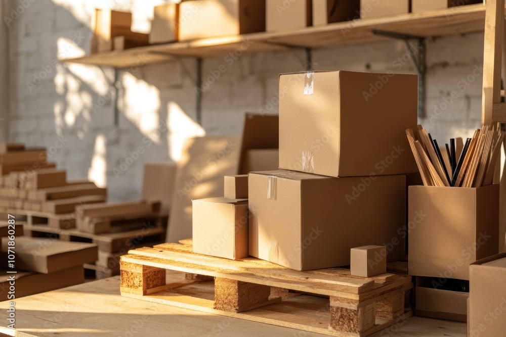 Industrial Warehouse Boxes and Table Setting - Logistics and Storage Concept Industrial Warehouse Boxes and Table Setting - Logistics and Storage Concept