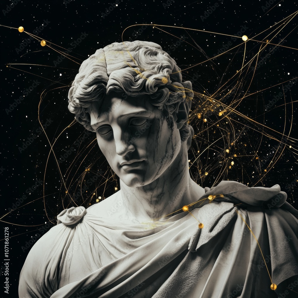 Obraz premium Classical Stoic Marble Statue with Abstract Cosmic Galaxy Inspired Modern Expressionism on a Background