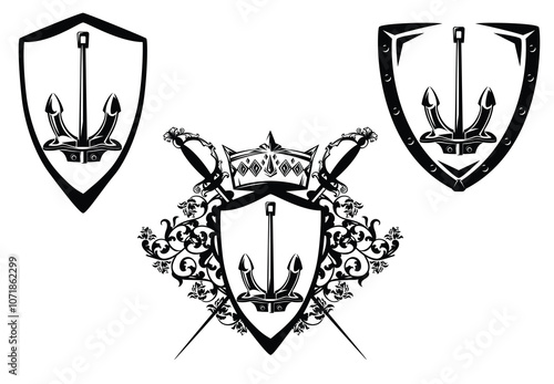sea ship anchor among rose flowers with heraldic shield, crossed epee swords and royal crown - maritime coat of arms black and white vector design set