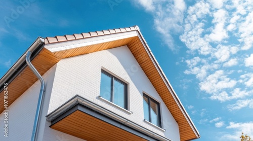 Cozy Modern Wooden House with Bright Blue Sky and Fluffy Clouds on a Sunny Day Residential Building Exterior with Roof Windows and Facade