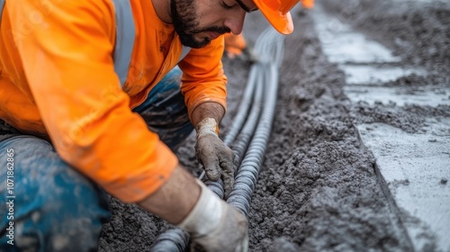 Wallpaper Mural Manual construction worker in orange safety vest and gloves digging pipe trench using excavator machine at outdoor construction site with gravel and dirt ground Torontodigital.ca