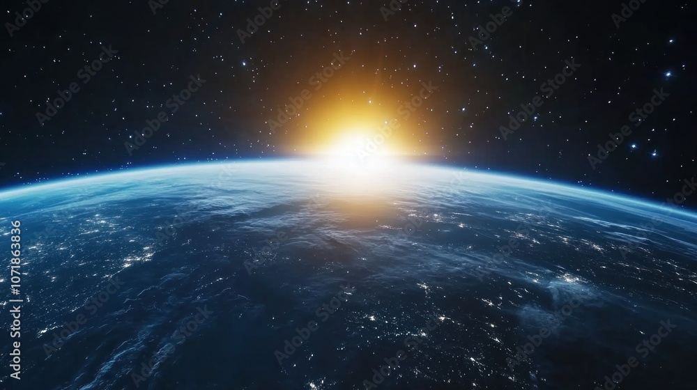 Obraz premium A breathtaking view of Earth from space at sunrise, showcasing the beauty of our planet.