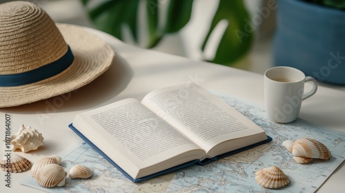 Beach flat lay with book, beach hat, towel, denim shorts, and shells on a travel map, conveying a relaxed holiday atmosphere for adventure and leisure