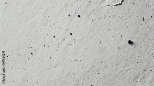 Close-Up of a White Textured Paper Surface with Black Specks and a Small Tear, Creating a Natural and Rustic Background.