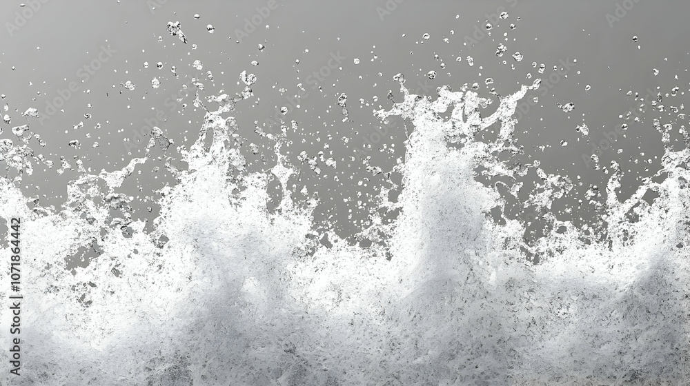 Fototapeta premium 3D Render of White Water Splashing Upwards on a Gray Background, with a Detailed Texture of the Water Droplets and Bubbles