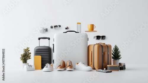 A 3D illustration of a suitcase surrounded by travel essentials such as clothes, shoes, and gadgets, neatly arranged on a white background, symbolizing efficient travel packing.