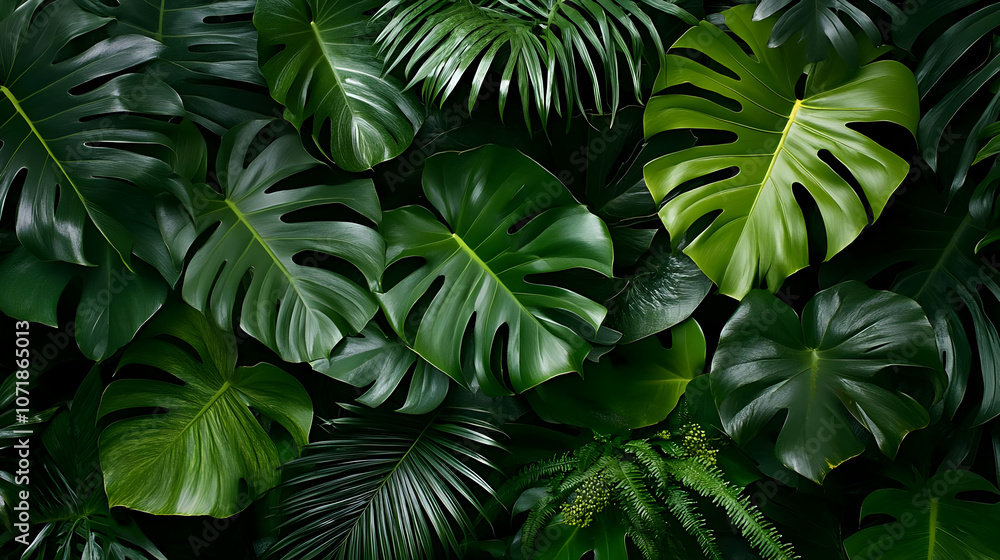 Naklejka premium A Lush and Vibrant Green Tropical Leaf Background with Varied Textures and Shapes for Design Projects