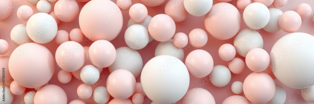 Pink and white spheres are scattered on a pink surface Pink and white spheres are scattered on a pink surface