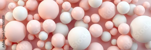 Pink and white spheres are scattered on a pink surface