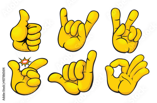 Positive gestures set with fingers. Hard rock horns, peace or victory, easy snap, shaka, okay signs. Vector cartoon templates on transparent background