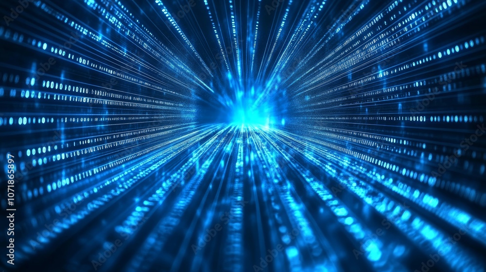 © ImageKing - Protecting data and networks online is essential. This image shows a blue background with fast internet speeds and binary code, representing the complex world of cybersecurity.