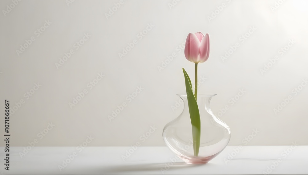 A minimalist composition featuring a single pink tulip in a glass vase A minimalist composition featuring a single pink tulip in a glass vase