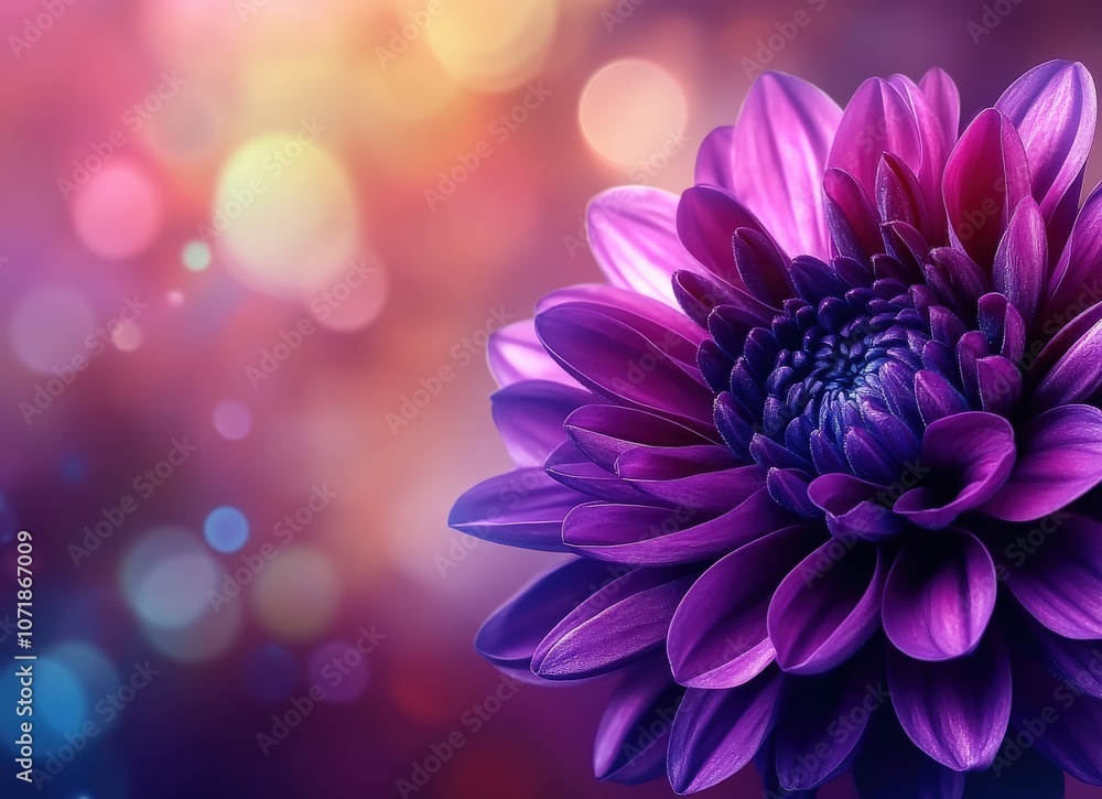 Close-up of a vibrant purple dahlia flower with a blurred background of soft bokeh lights. Close-up of a vibrant purple dahlia flower with a blurred background of soft bokeh lights.