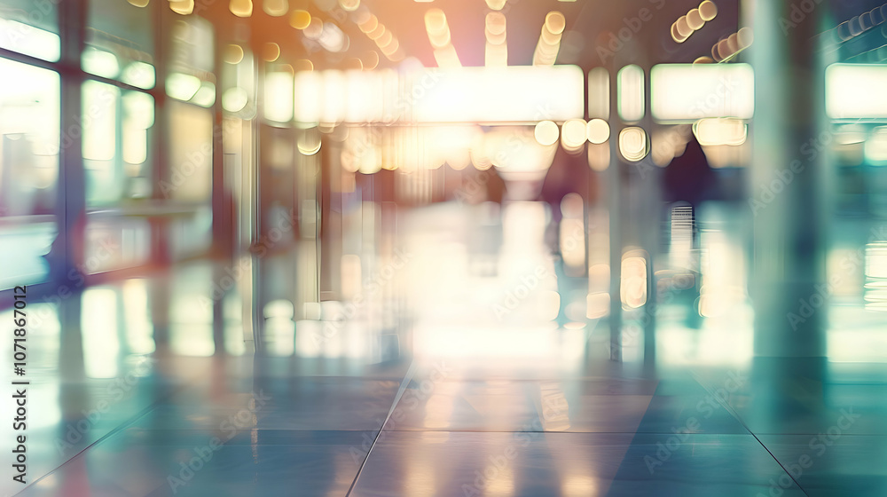 Obraz premium Abstract Blurred Background of a Bright Interior Space with Shiny Floors and Bokeh Lights
