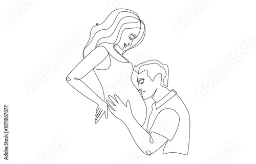 Continuous one line drawing of husband kissing belly of pregnant wife, new parents concept, single line art.