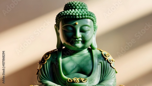 A beautifully carved jade Buddha statue in rich green hues