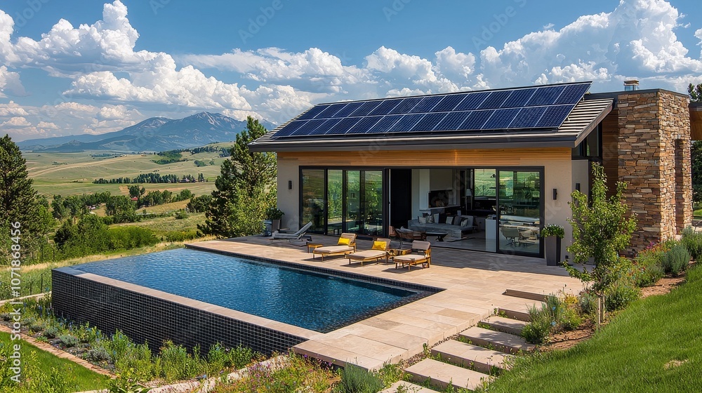 Fototapeta premium Modern eco-friendly home with solar panels and pool overlooking scenic mountains on a sunny day