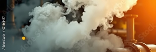 Thick white steam billows from a pipe in an industrial setting photo