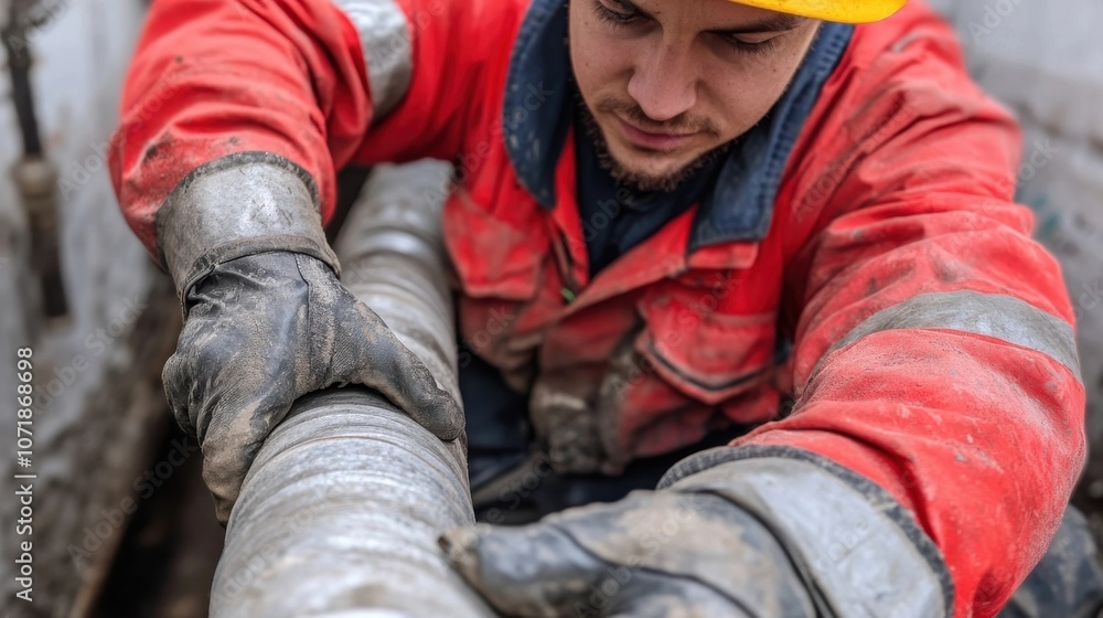 Obraz premium Skilled blue collar worker in protective uniform and hardhat repairing or maintaining a damaged pipeline or valve in an outdoor industrial or construction site