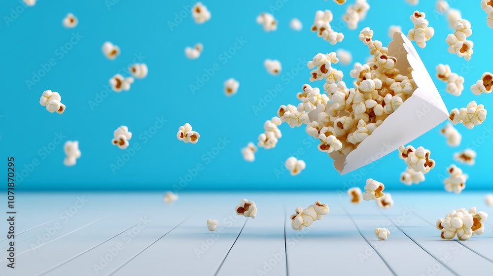 Popcorn Flying Out of Bag on Blue Background Popcorn Flying Out of Bag on Blue Background