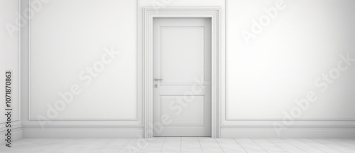 Wallpaper Mural A minimalist white room with a closed white door and wall paneling, exuding a clean, modern aesthetic. The room is empty, creating a sense of calm and simplicity. Torontodigital.ca