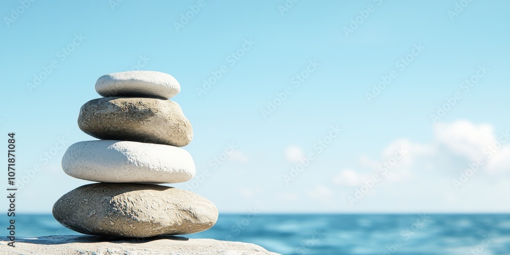 Balanced stones on a serene beach with a clear blue sky and ocean in the background. Balanced stones on a serene beach with a clear blue sky and ocean in the background.