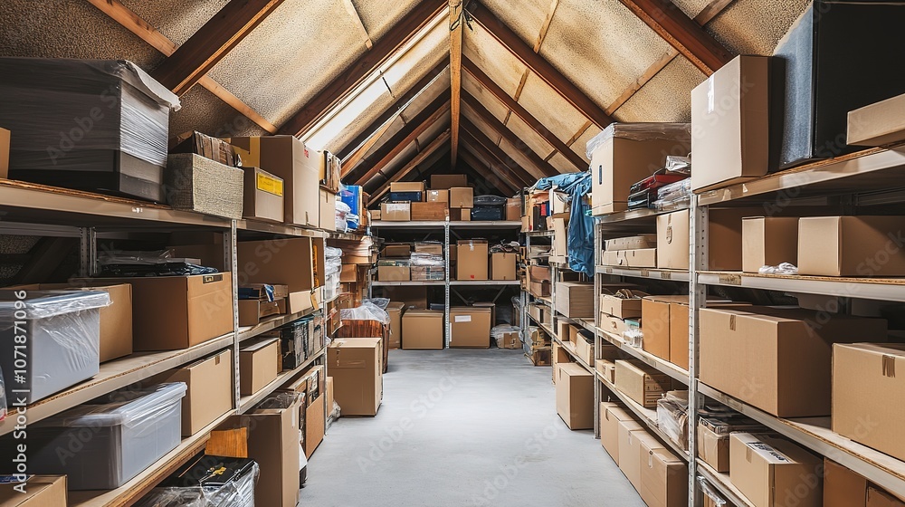 Obraz premium Organized attic storage space with labeled boxes