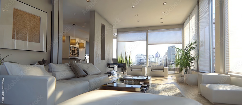 Fototapeta premium Modern Living Room with City View