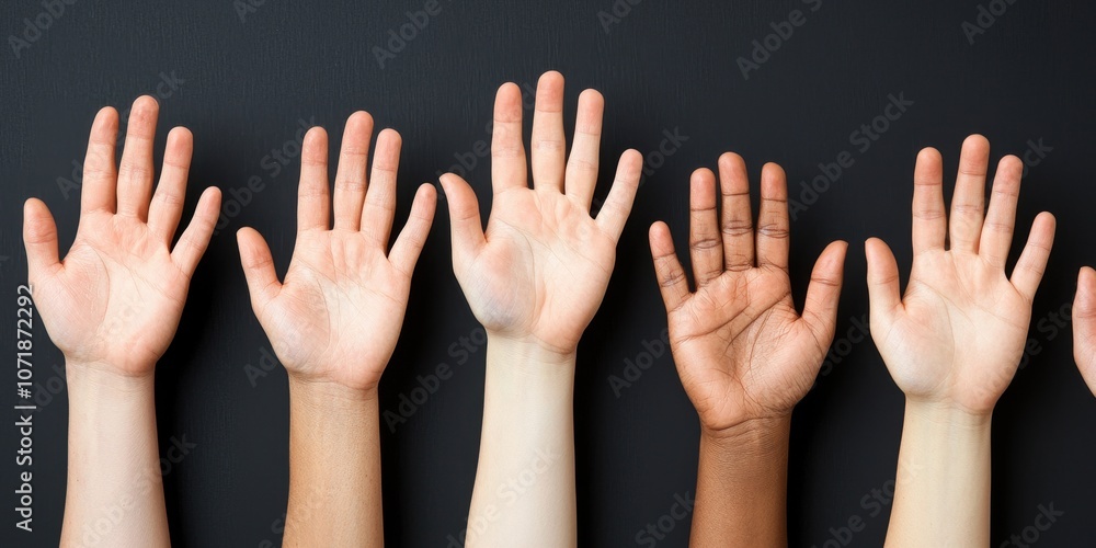 Diverse hands raised together representing unity, inclusion, and community support. Diverse hands raised together representing unity, inclusion, and community support.