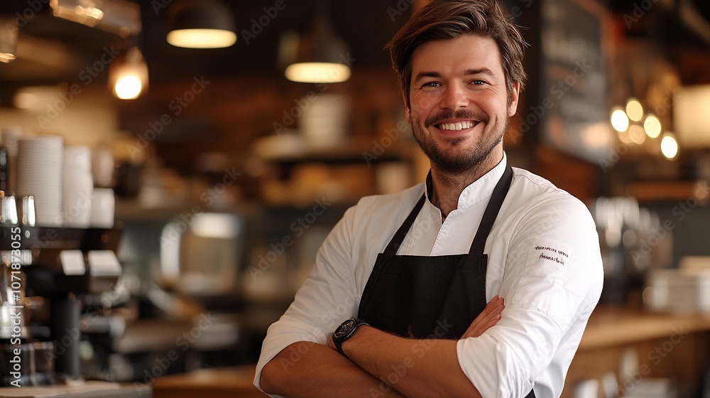 Fototapeta premium A smiling barista stands with his arms crossed, looking at the camera in a cafe.