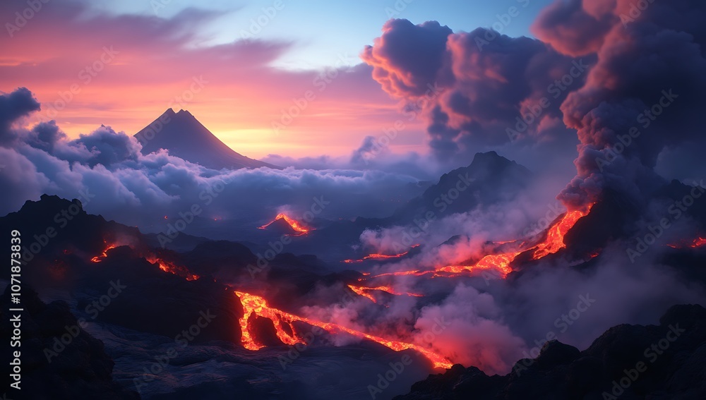 Erupting volcano with lava flowing down the mountainside, surrounded by smoke and clouds. Erupting volcano with lava flowing down the mountainside, surrounded by smoke and clouds.