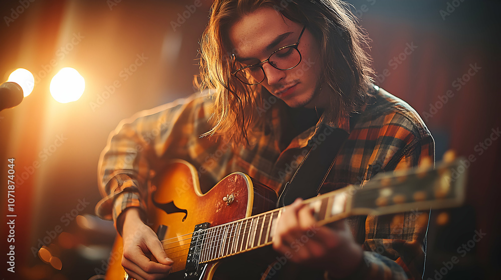 Obraz premium A Young Man with Long Hair and Glasses Plays a Guitar in a Dark Room Lit with Warm Lights