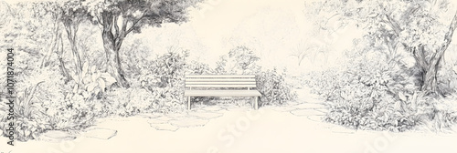 Unfinished Garden Sketch With Wooden Bench Amidst Flourishing Flora and Trees photo