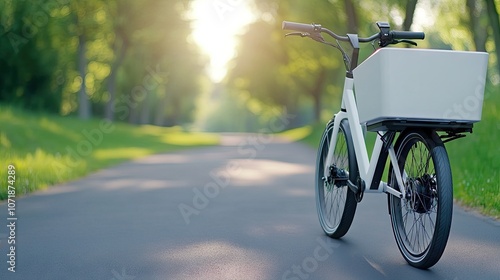 A serene morning at the park with a white electric cargo bicycle on a winding path under soft sunlight