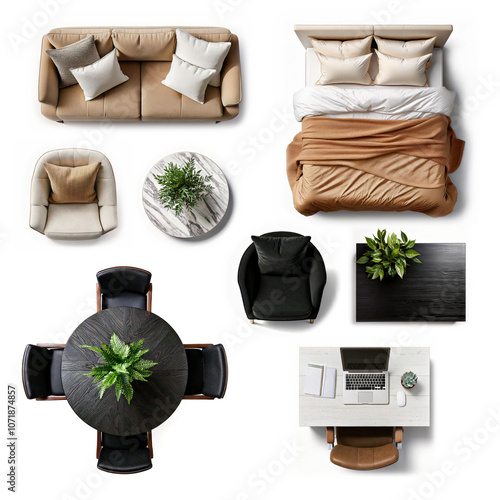 Furniture top view Interior design elements isolated on white background. Collection include armchairs, sofa, bed, a table with a potted plant, a round dining table and a home office desk.