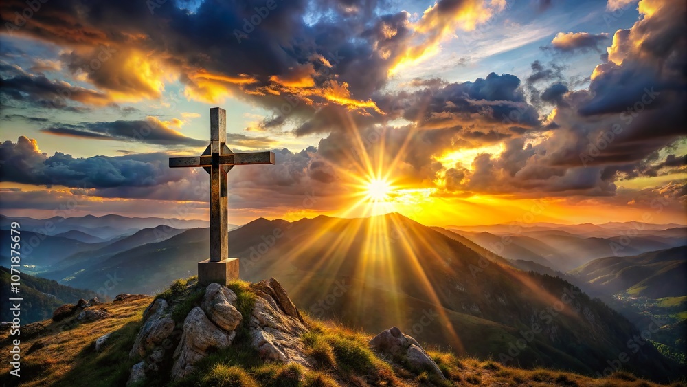Fototapeta premium A breathtaking sunrise over mountains with a cross symbolizing hope and resurrection during the Easter celebration