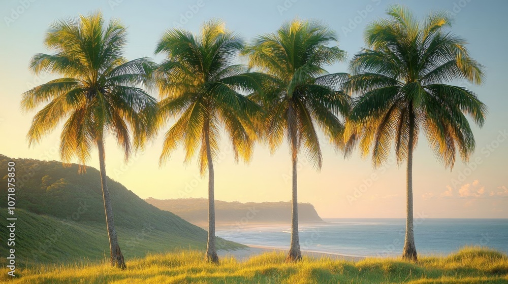 Four palm trees at sunset by ocean. Four palm trees at sunset by ocean.