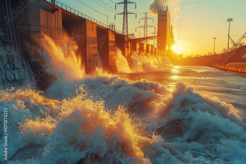 Dramatic Sunset over Hydroelectric Dam, Water Turbulence and Industrial Structures Against Evening Sky photo