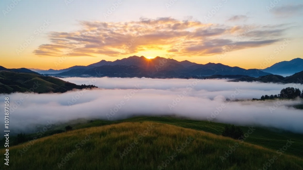 Sunrise over a valley with fog, clouds, and mountains. Sunrise over a valley with fog, clouds, and mountains.