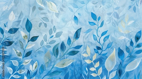 Wallpaper Mural Elegant Blue Watercolor Background with Plants and Flowers - a serene and artistic visual. The blue watercolor design evokes a calm and natural scene Torontodigital.ca