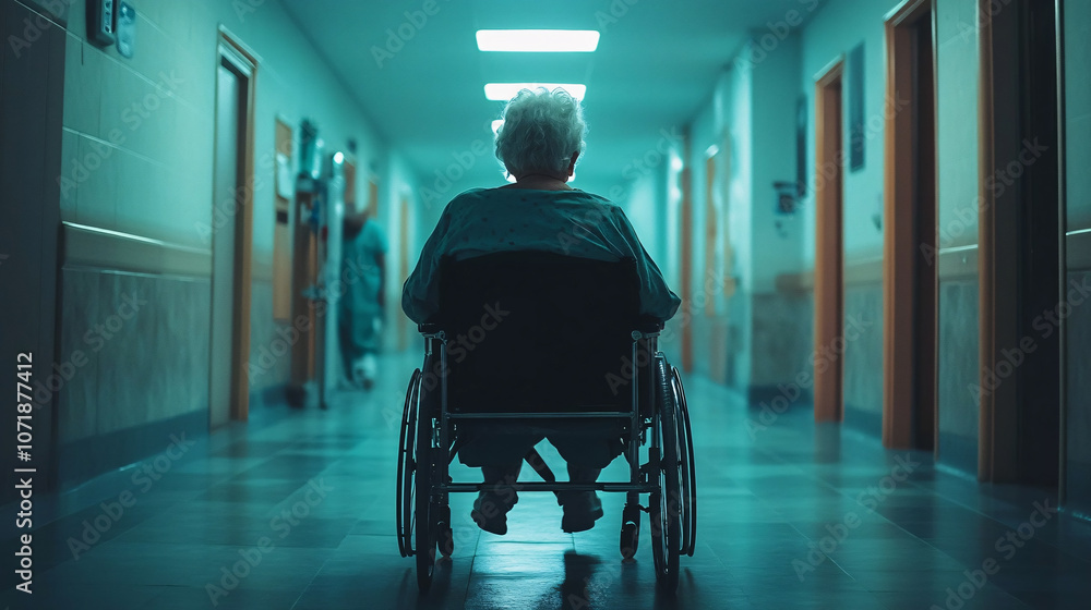 A man in a wheelchair is sitting in a hospital hallway A man in a wheelchair is sitting in a hospital hallway